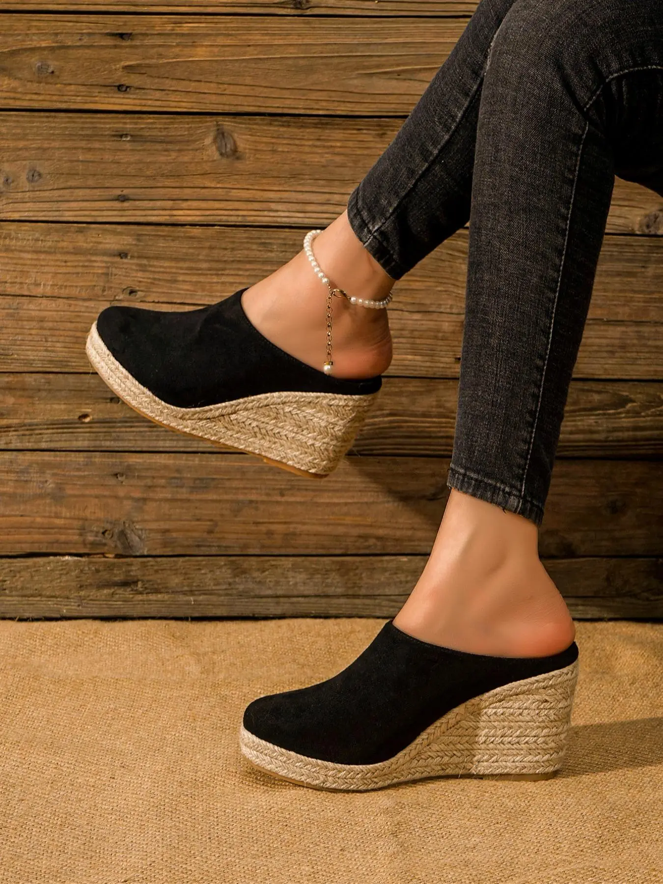 Women's 1 Pair Casual Solid Color  Slip on Wedge Sandals, Fashionable Slip on Flannel Espadrille Wedge Sandals for Beach, Female Casual Shoes for Daily Used