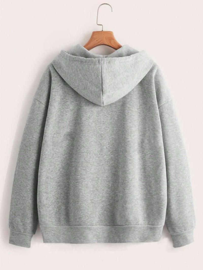 Product Introduction of 【Plus Size】 Solid Color Drawstring Zip Up Hooded Coat, Casual Pocket Drop Shoulder Hoodie Coat for Fall & Winter, Women's Clothing for Daily Wear 2