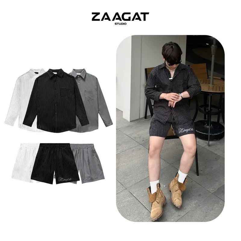 Bộ quần áo sơ mi kẻ sọc ZAAGAT nam nữ thêu logo-SHIRT SET