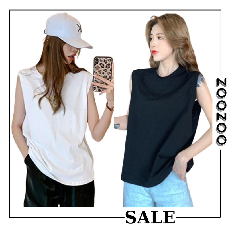  Zoozoo - Áo Tank Top Nữ màu trơn thiết kế dáng rộng phong cách Vintage. Áo ba lỗ Nữ co giãn thoáng mát mùa hè Women Trắng Đen 