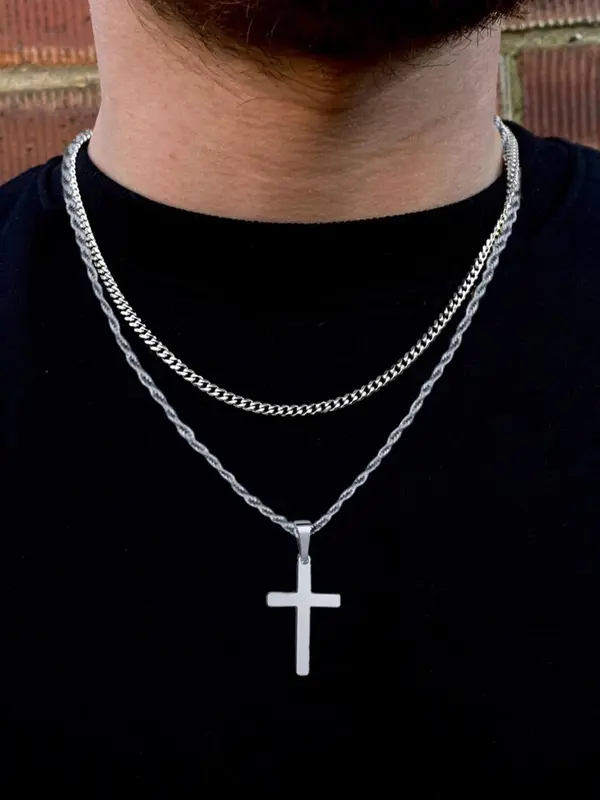 Men's Simple Cross Pendant Necklace, 2counts Stainless Steel Neck Jewelry for Party, Daily Clothing Decor, Trendy All-match & Exquisite Jewelry for Gift 0
