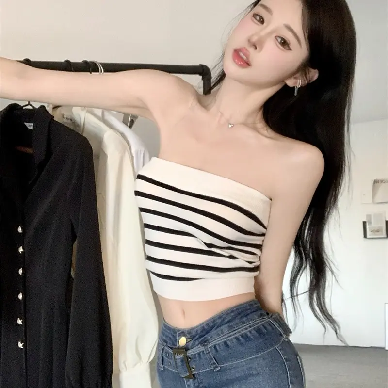 Đồ Lót Sọc, Thiết Kế Độc Đáo Sang Trọng, Áo Ống Cơ Sở Trễ Vai, Phong Cách Dễ Thương Và Gợi Cảm Của Phụ Nữ, Áo Không Tay Cô Gái Nóng Bỏng Gợi Cảm, Quần Áo Top Women