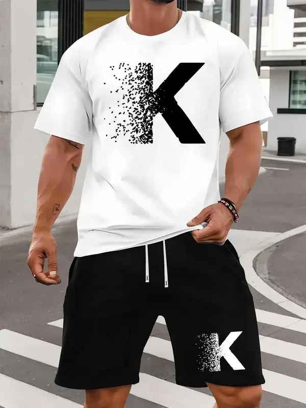 Two-piece Set Men's Letter Print Short Sleeve Tee & Shorts Set, Regular Fit Casual Round Neck T-shirt & Track Shorts, Summer Clothes Set for Men 7