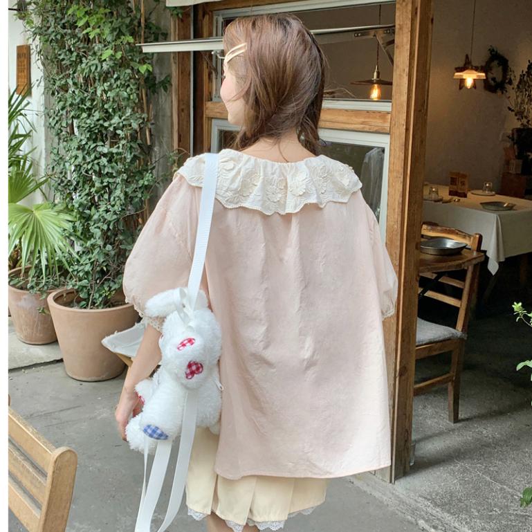 Áo sơ mi nữ cổ viền búp bê thêu hoa hồng nhạt, sơ mi nữ kiểu tay ngắn phồng phong cách dễ thương 5515 4
