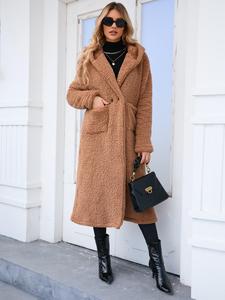 Women's Solid Button Front Drop Shoulder Longline Plush Coat, Elegant Fashion Long Sleeve Hooded Outerwear for Daily Outdoor Wear, Women Clothing for Fall & Winter