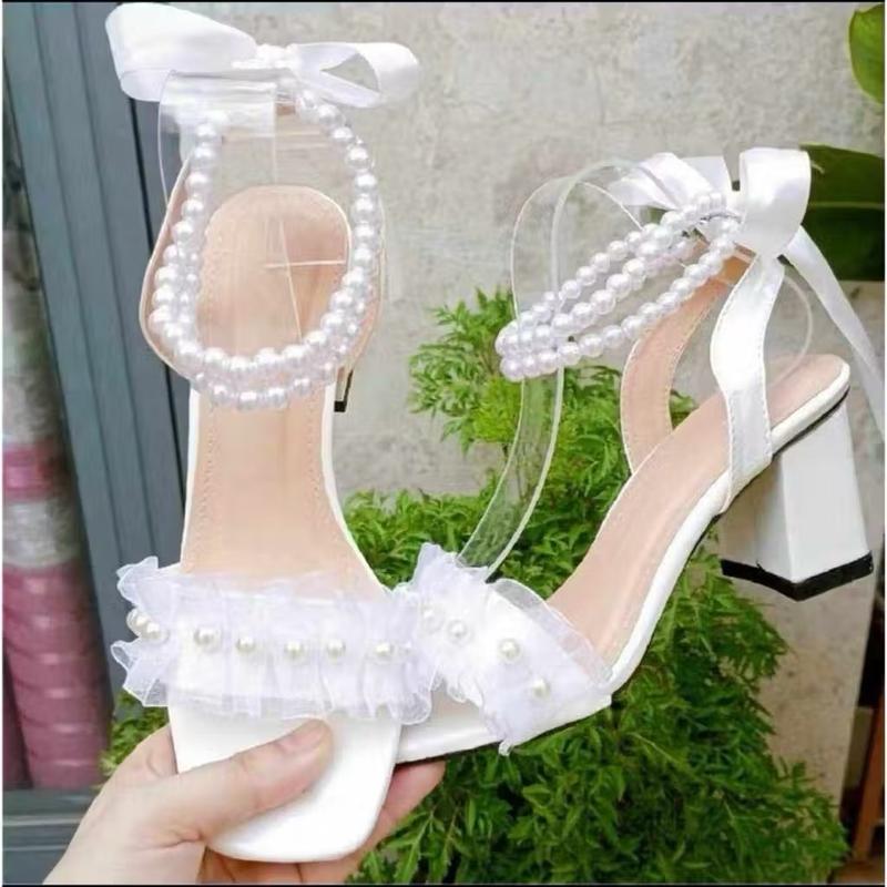 Giày sandal cao gót quai ngọc thắt nơ gót vuông 7cm sang chảnh. DéP Nữ Shoes Cao Su dây quấn cổ chân dép gu ốc