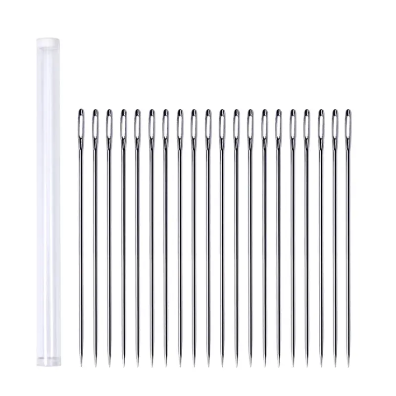 ZHIXI Metal Big Eye Needles 20Pcs with Storage Bottle Kit Long Sewing Needles for DIY Embroidery Needlework Fabric Crafts
