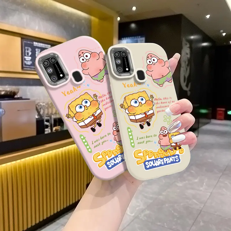 Casing hp SAMSUNGM31 4G GW Xiaopang Dwen Silicone Women's Phone Case SpongeBob SquarePants dan Patrick English letter Kartun pola lucu merah muda dan kotak telepon putih 3