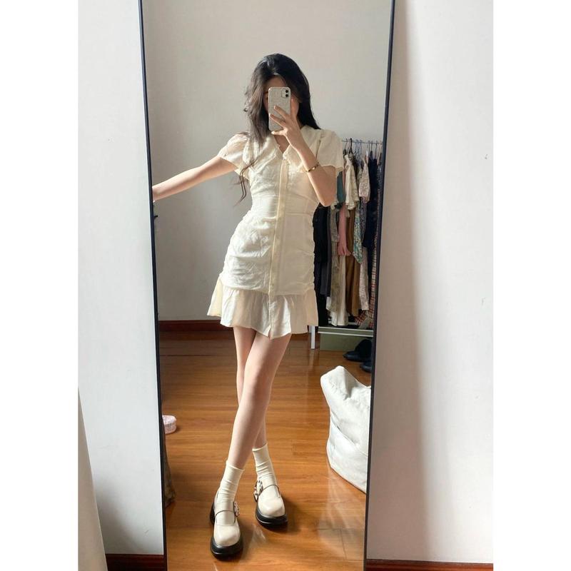 Váy Vỏ Sò Đơn Giản Kiểu Pháp Cho Nữ, Váy Thiết Kế Xù Linh Hoạt Và Giảm Béo, Phong Cách Hàn Quốc Mới, Mùa Thu Women, Dress, Khuy 8