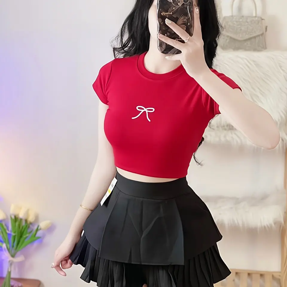 Áo Thun Croptop Borip Nữ Form Basic Cổ Tròn Tay Ngắn In Hình 1 Nơ Sò Women Sen Hoa Sen Dáng Ngắn