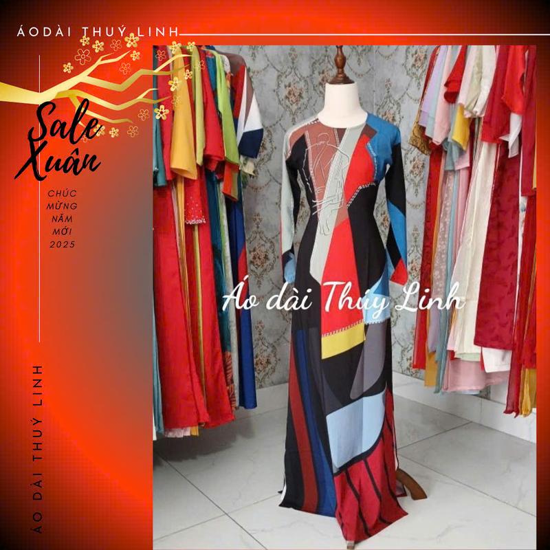 Mẫu áo dài lụa in theo chân thầy Minh Tuệ cổ tròn  - xưởng may Thúy Linh