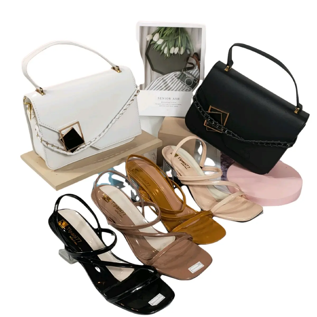 (paket 3 pcs) hak tahu kaca +tas mix trendy+jam tangan small bulat Hitam Wanita Sandal