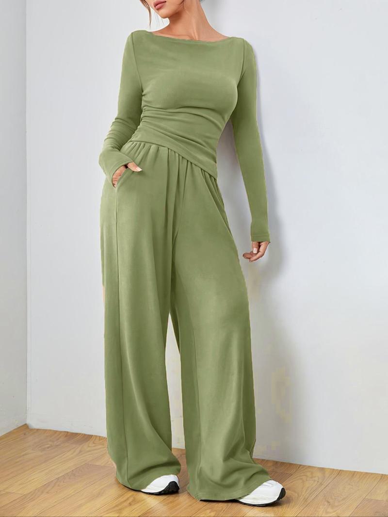 Product Introduction of Women's Solid Ruched Asymmetrical Tee & Elastic Waist Pocket Pants Two-piece Set, Casual Long Sleeve Boat Neck Top & Wide Leg Trousers for Spring & Fall, Tall Clothing Women, Gen Z Corporate Outfit, Winter Outfits, Rave 2 Piece Set,  Curve Fashion 15