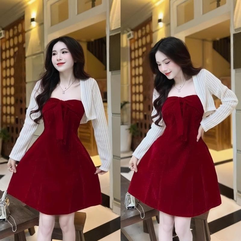  Đầm váy nữ nhung 2 dây phối nơ dáng xòe kèm khoác tay dài len ren sang chảnh dành cho các nàng dự tiệc đi chơi. Women Dress 