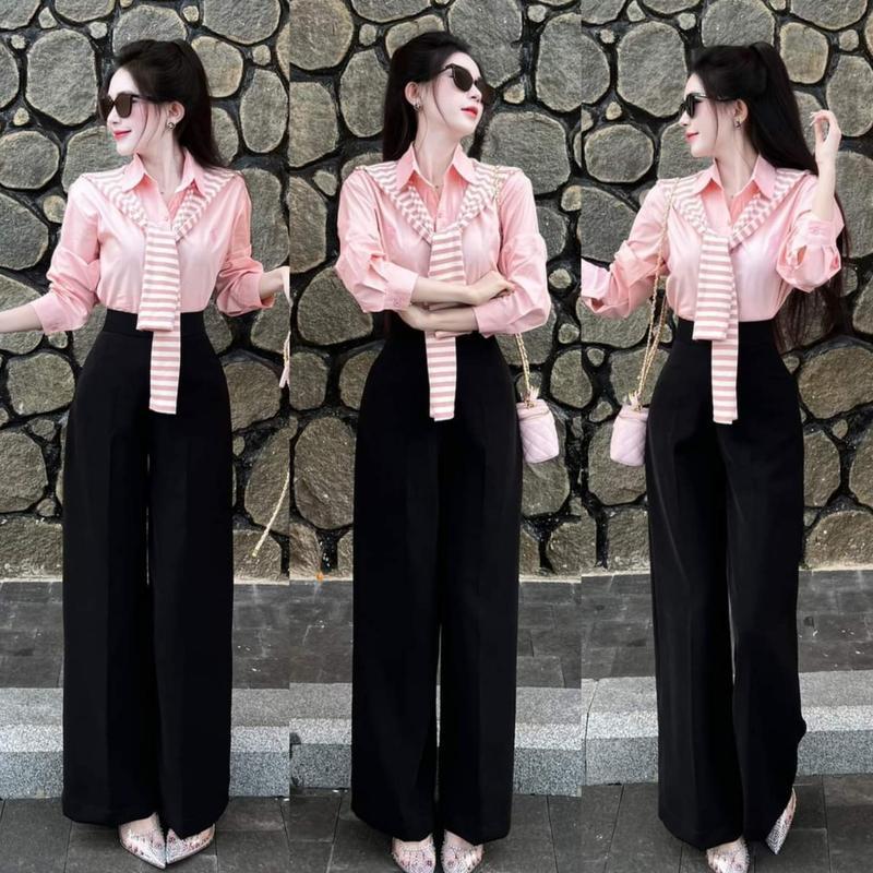 Quần Culottes Nữ Ống Rộng Suông Dài Màu Đen 1 2 Cúc Cạp Cao Lưng Cao Cài Nút Quần Dáng Dài - Pants