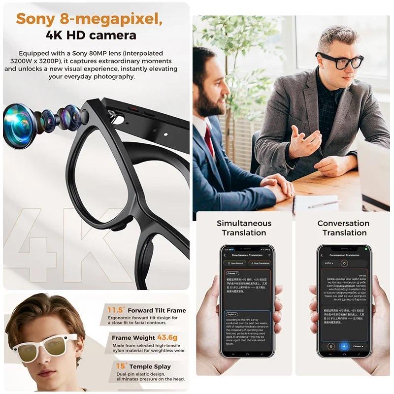 2026 4K HD AI Smart Glasses 32GB Storage 800MP Camera WiFi Transfer BT Call Chat GPT Voice Assistant with 3600mAh Charging Case