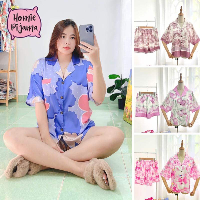 [Size <65kg] Bộ quần áo ngủ Pijama áo cánh dơi, quần đùi, cổ bẻ, vải lụa latin tơ tằm, nhiều hoạ tiết dễ thương