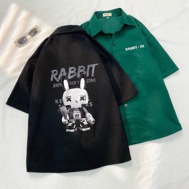 Áo Sơ Mi Nam Nữ tay ngắn in hình Thỏ cá tính form rộng phong cách Unisex Menswear Cổ Tròn Đen