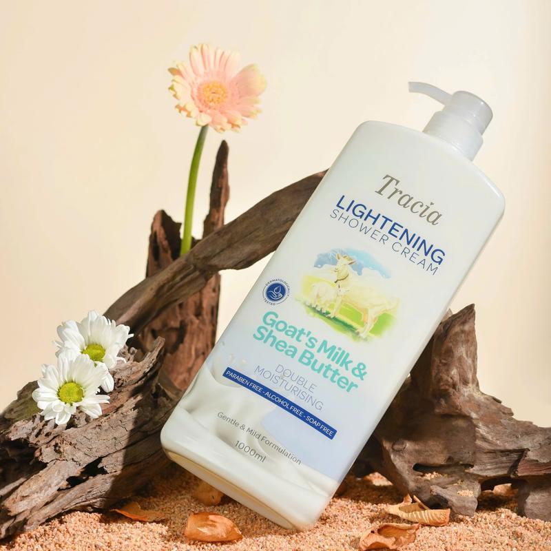 Sữa tắm Tracia Goat's milk Shea butter chứa sữa dê và vitamin C, an toàn cho da nhạy cảm và phụ nữ mang thai