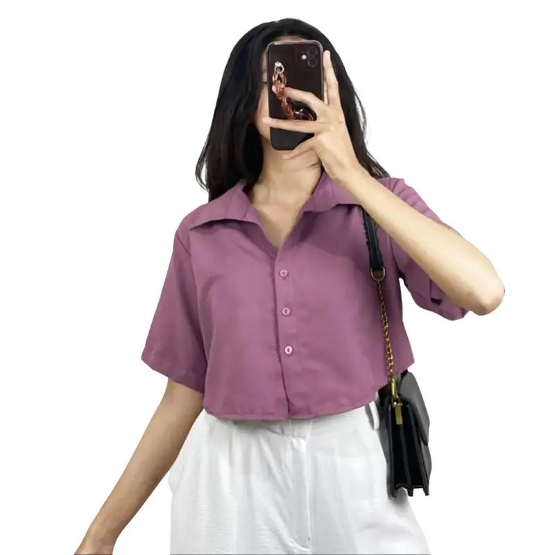 Kemeja Crop Wanita Lengan Pendek Korean Outfit Style Bahan Shakila Twill 7