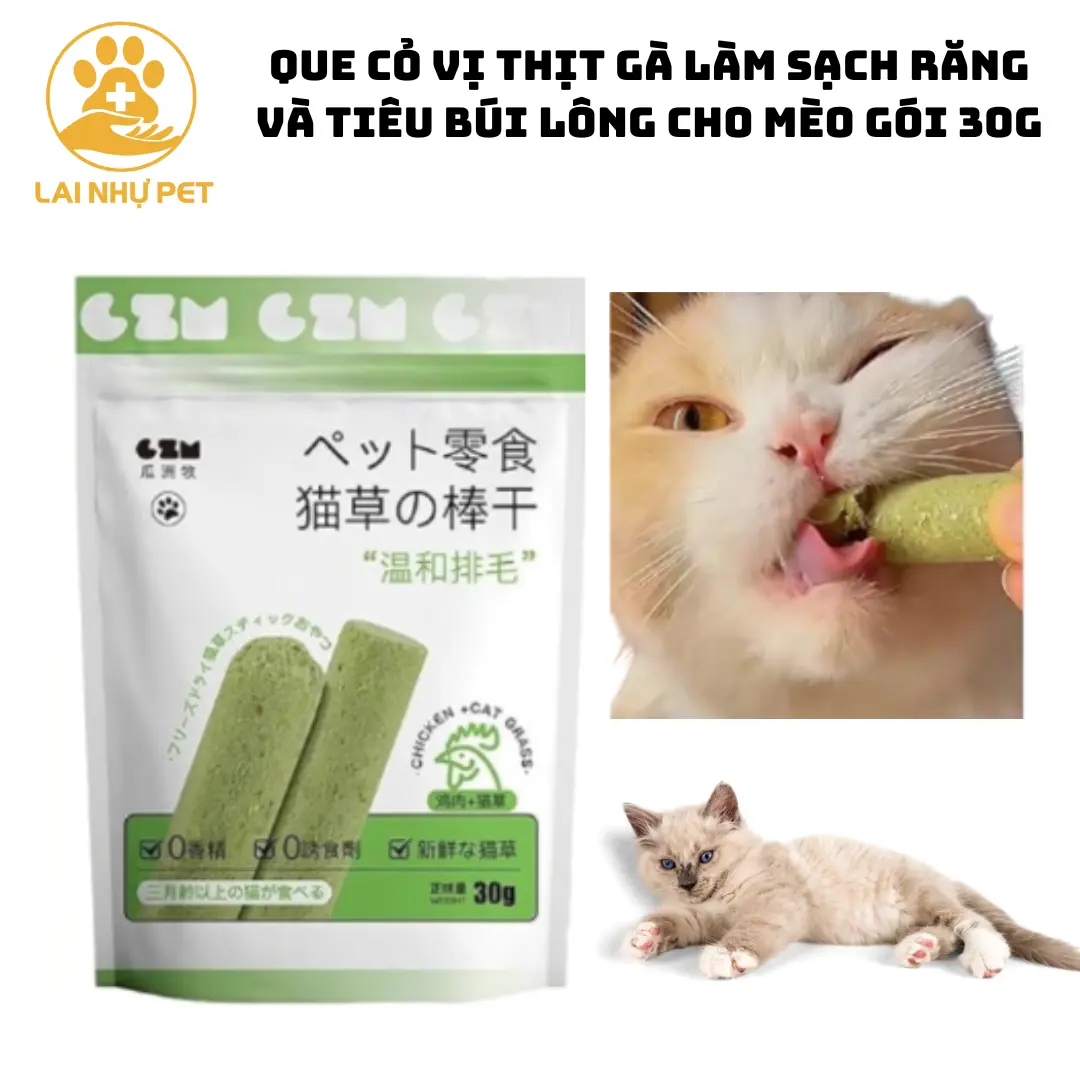 Que Cỏ vị Thịt Gà Làm Sạch Răng và Tiêu Búi Lông cho Mèo gói 30g-Lai Nhự Pet.