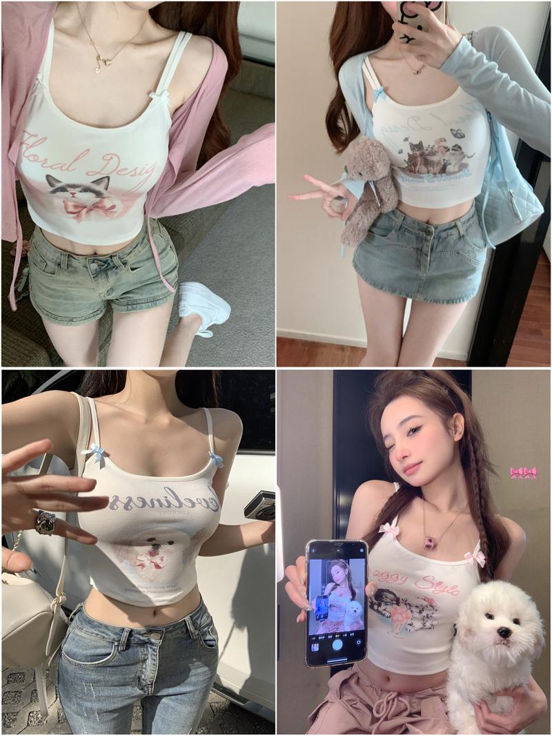 Product Introduction of Popular Pure Sexy Sling Vest with Chest Pad Cute Printed Cartoon White Hot Girl Beauty Back Inner Wear Outer Wear Women 1