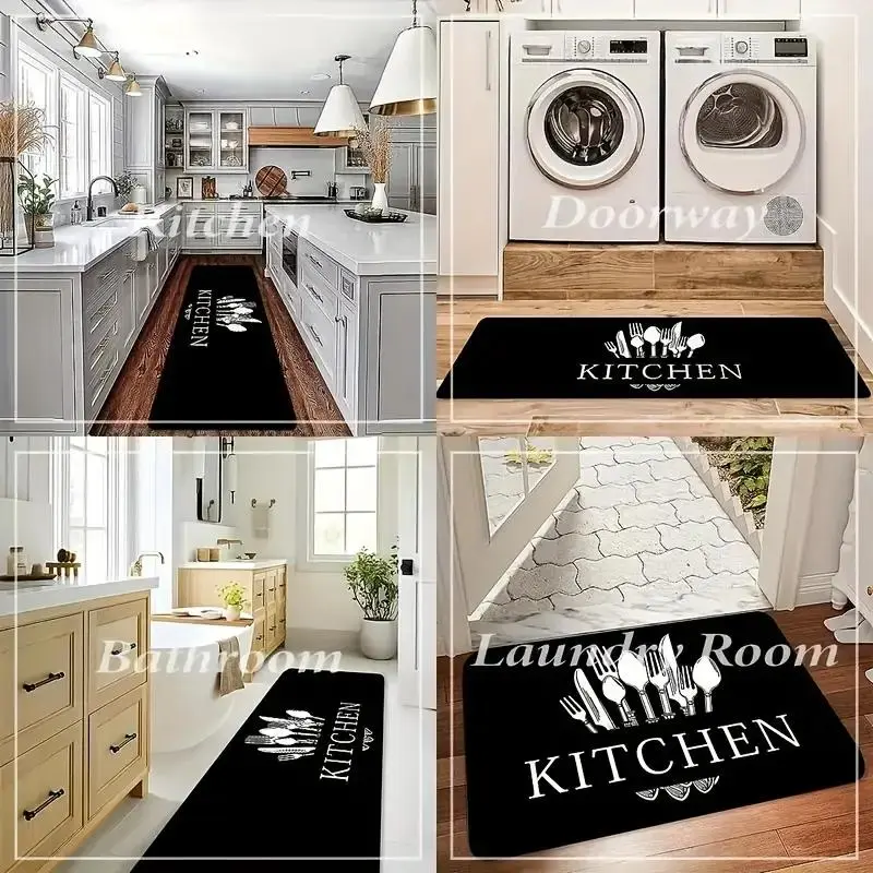 Letter & Cutlery Pattern Kitchen Floor Mat, 1 Count Non-slip Kitchen Mat, Comfortable Machine Washable Floor Mat for Home Laundry Room Bathroom Christmas Decor, Christmas Gifts, Christmas Decorations 5