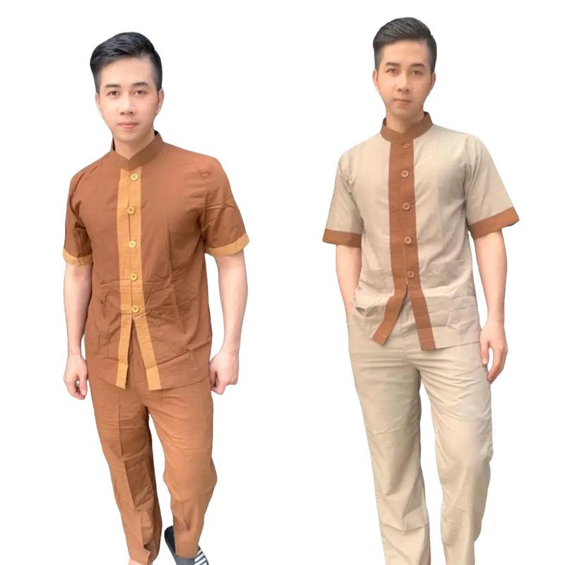SET ĐỒ LAM ĐI CHÙA - DÀNH CHO NAM - TAY NGẮN - LÃNH TỤ PHỐI Áo Menswear Sơ Mi Quần Âu