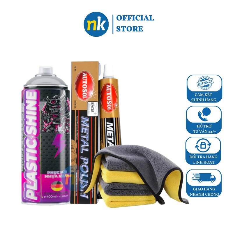 Combo 3 món chăm sóc xe dưỡng nhựa nhám Sprayking 400ml, đánh bóng sơn xe, innox Autosol 75ml kèm Khăn Vàng cao cấp, siêu mịn