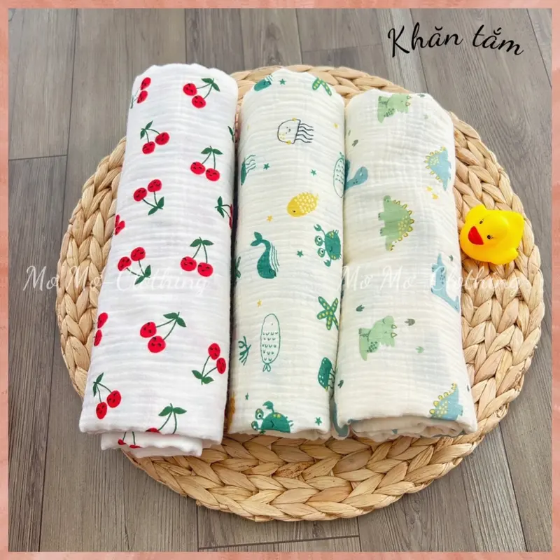 KHĂN TẮM 4 lớp muslin kháng khuẩn, lành tính, mềm mịn, dày dặn Trẻ sơ sinh Em bé, người lớn (2 mặt hoạ tiết) 0