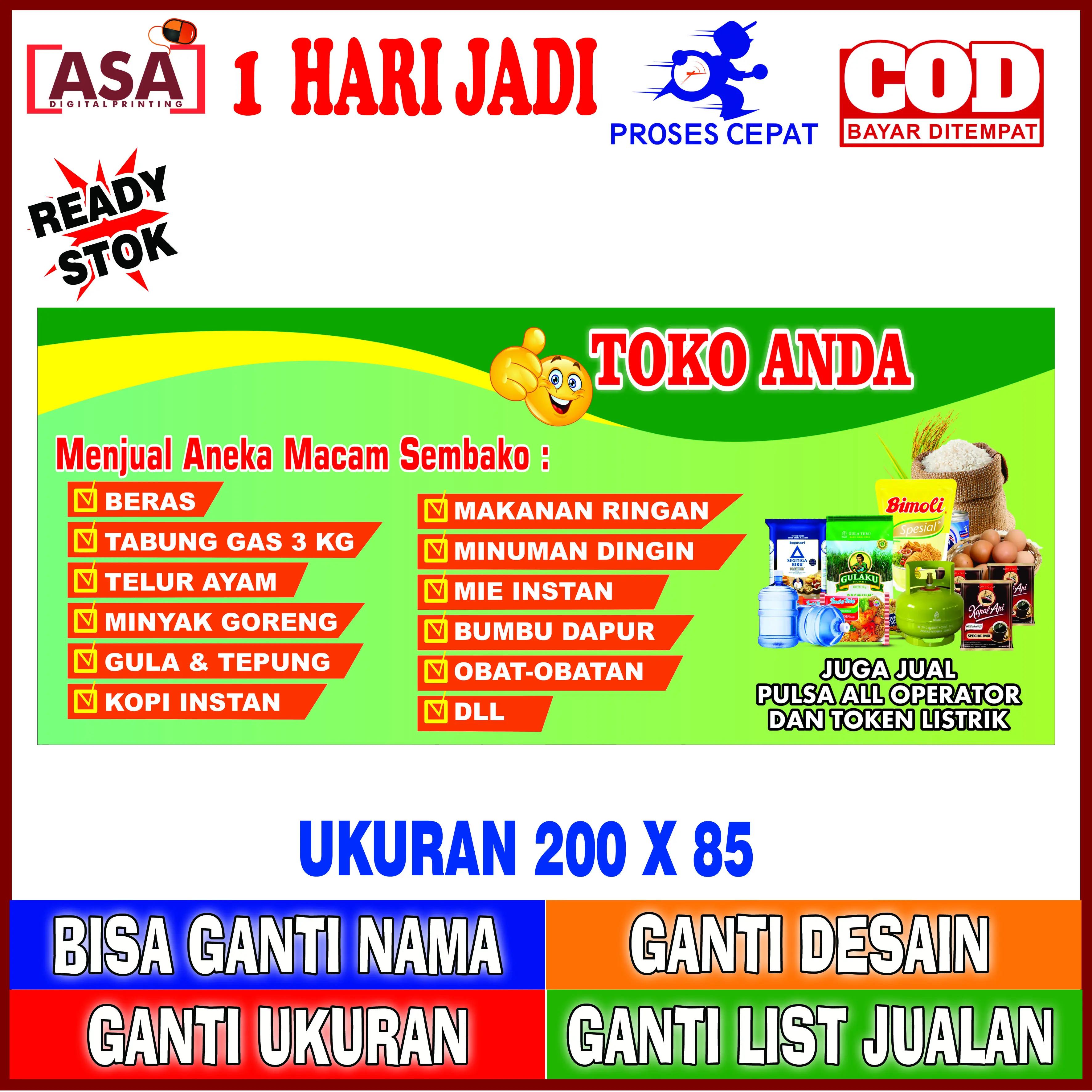 BANNER SPANDUK SEMBAKO/ BANNER SPANDUK KELONTONG / BANNER SPANDUK KELONTONG SEMBAKO UNTUK DEPAN TOKO / BOOTH / TERAS KUALITAS TERBAIK
