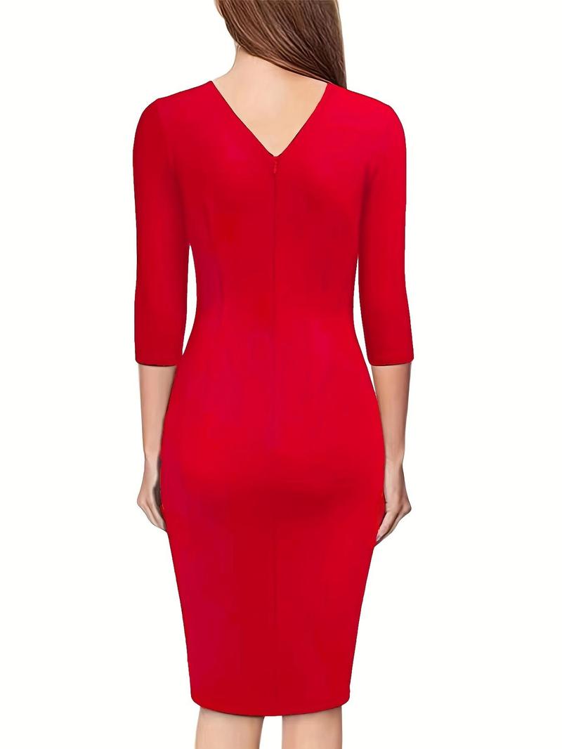Product Introduction of Women's Plain V Neck Belted Wrap Ruched Knee Length Bodycon Dress, Elegant Asymmetrical Hem Dress, Women's Spring & Fall Clothes For Work Office Business 6