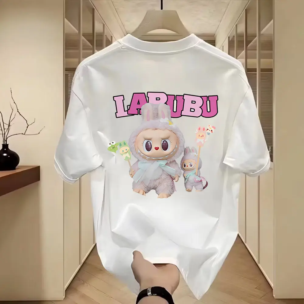 100% Cotton Fun Cartoon POP MART LABUBU Loose Short-sleeved T-shirt Crew Neck Top for Men and Women Unisex