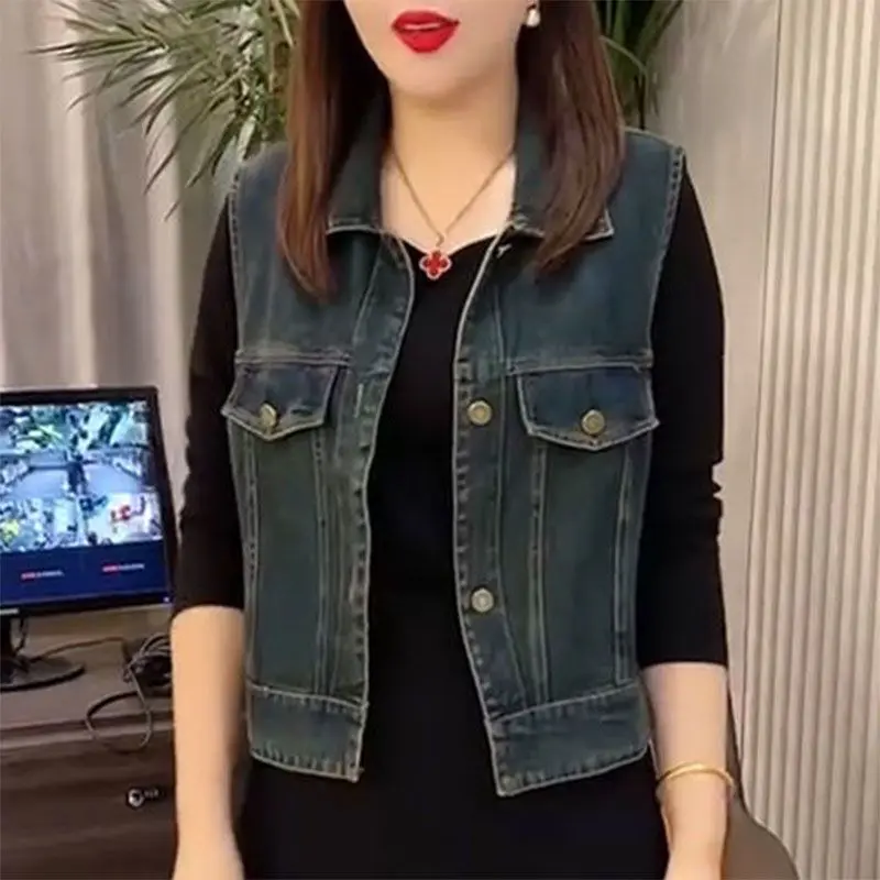 Áo Vest Denim, Phong Cách Cổ Điển Dành Cho Nữ, Bộ Sưu Tập Xuân / Hè / Thu, Phong Cách Hàn Quốc, Dáng Rộng Rãi Và Bó Sát, Ve Áo Không Tay, Áo Ghi Lê, Áo Khoác