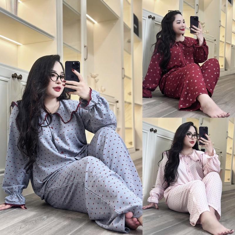 có bigsize 90kg Set bộ CHẤM BI viền gập ren tiểu thư babydoll chất cotton đũi chuẩn cao cấp tặng scrunchies ngẫu nhiên