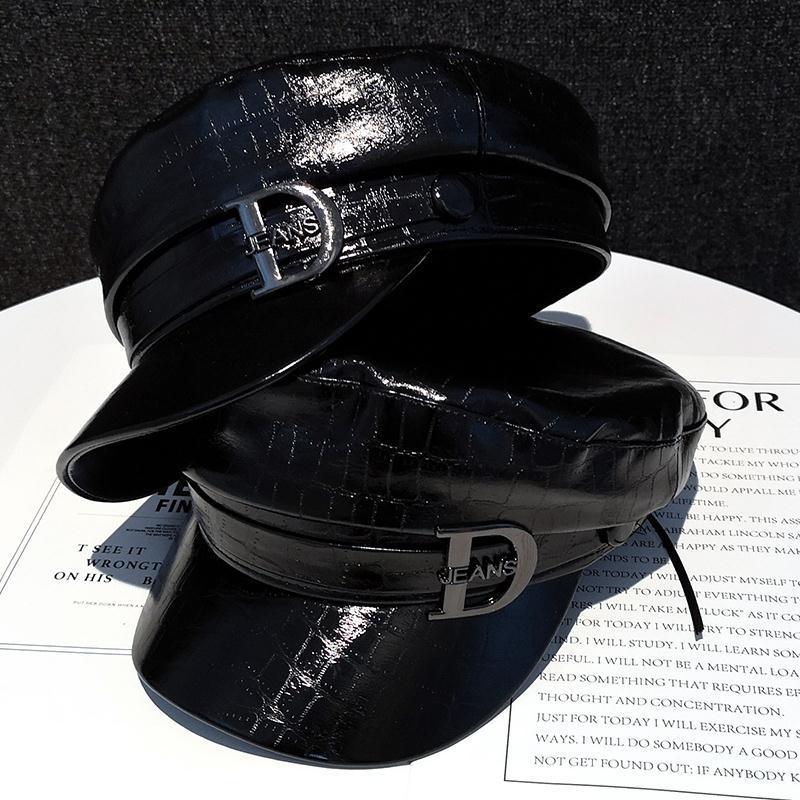 Mũ da màu đen dành cho phụ nữ, mũ nồi có đỉnh, Thương Hiệu Thời Trang đặc biệt, Hải quân Hàn Quốc, hình bát giác, họa tiết cá sấu, mũ lưỡi trai phẳng