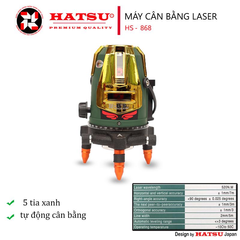 Máy Laser 868 5 tia xanh HATSU, hỗ trợ làm việc ngời trời nắng. 2 pin dung lượng lớn 9800mah. Bảo hành 24 tháng
