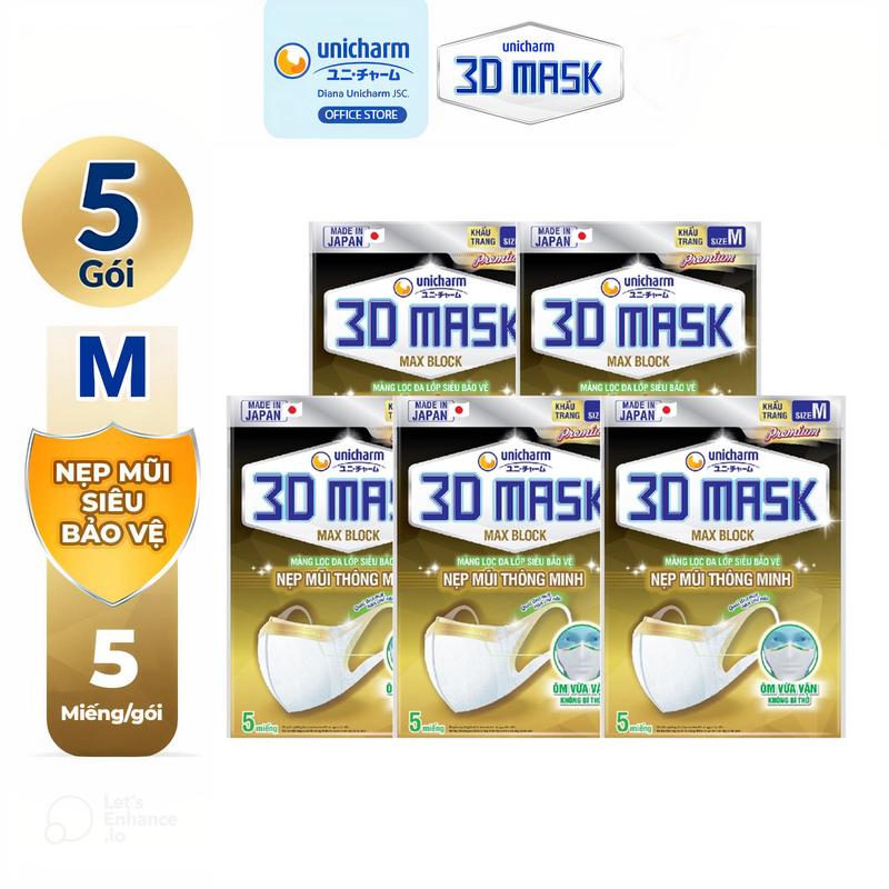 [COMBO 5] Unicharm 3D Mask Khẩu trang Max Block size M 5 miếng/gói