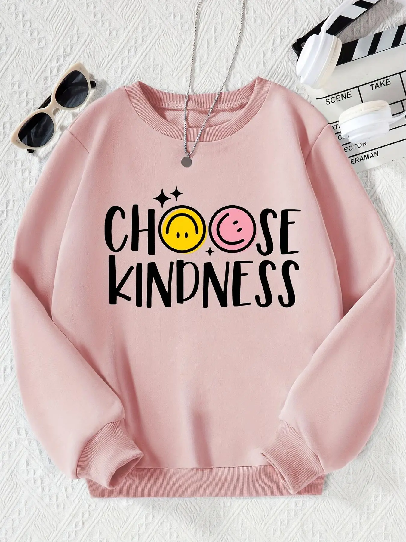 Girl's "Choose Kindness" Letter & Smile Face Print Round Neck Sweatshirt, Fashion Casual Crew Neck Long Sleeve Pullover for Daily Outdoor Wear, Girls Clothing for Spring Fall
