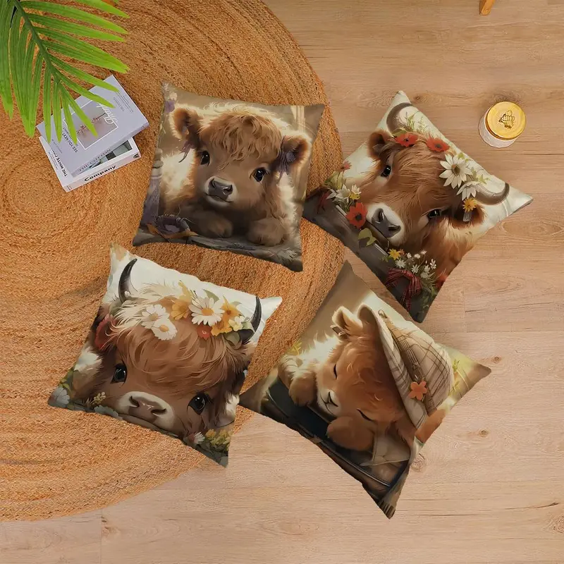 Highland Cow Pattern Cushion Cover, 4 Counts/set Square Throw Pillow Cover, Household Decoration Supplies for Home Living Room Bedroom 1