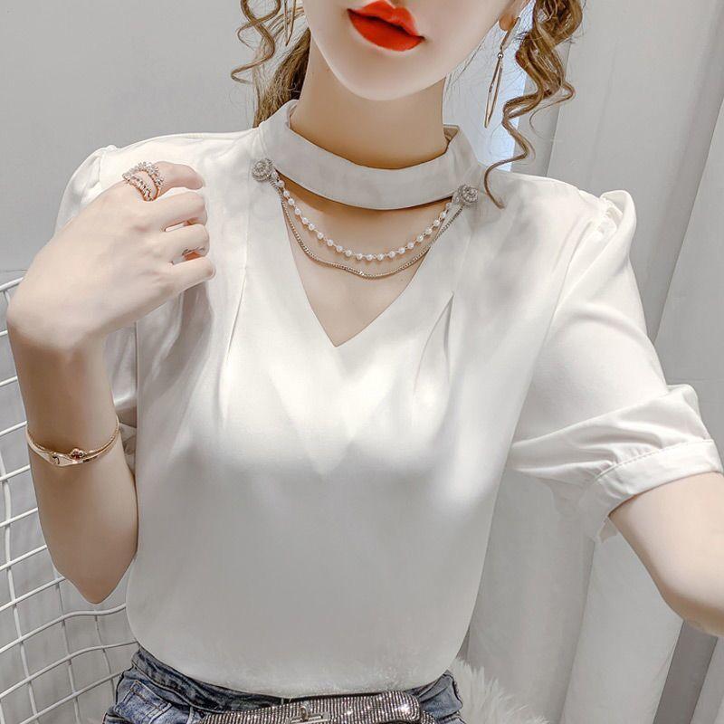 Áo Voan, Ngắn Tay, Dáng Rộng Vừa Vặn, Dành Cho Nữ, Cổ Yếm Dây Chuyền Ngọc Trai, Màu Trơn Cỡ Lớn, Áo Mùa Hè, Phong Cách 2024, Hàng Mới Về 3
