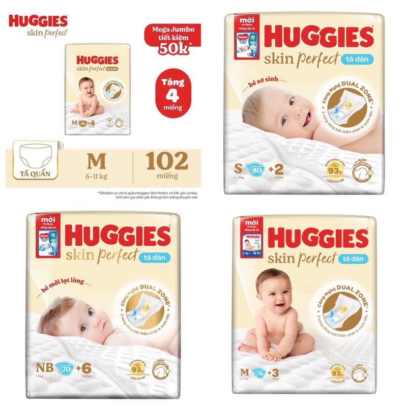 Tã bỉm Huggies Skin Perfect với hai vùng thấm giảm kích ứng da cho bé size NB S M L XL XXL Voi Bỉm Quần Kem