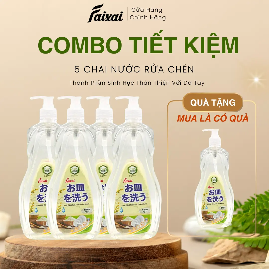 [Combo 4 Tặng 1] Nước Rửa Chén Nano FAIXAI Tinh Chất Cám Gạo 800ml – Sạch Dầu Mỡ, Dịu Nhẹ Cho Da Tay