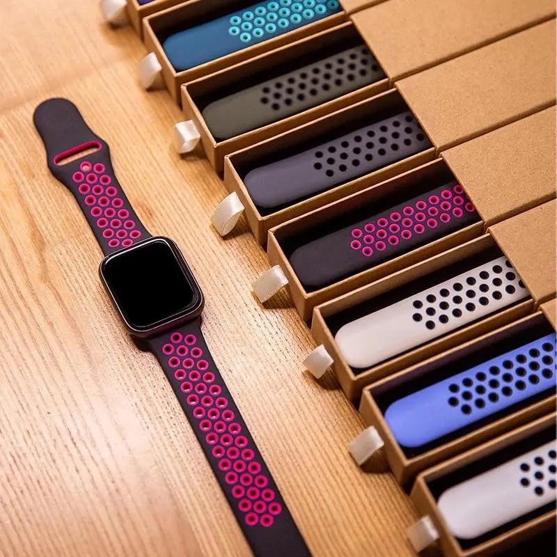 Dây đeo bằng silicon, dành cho iWatch Ultra Series 8 / 7 / 6 / SE / 5 / 4 / 3 / 2 / 1, Có 38mm, 40mm, 42mm, 44mm, 41mm, 45mm và 49mm, Thiết kế lỗ thoáng khí, Thích hợp cho thể thao 6