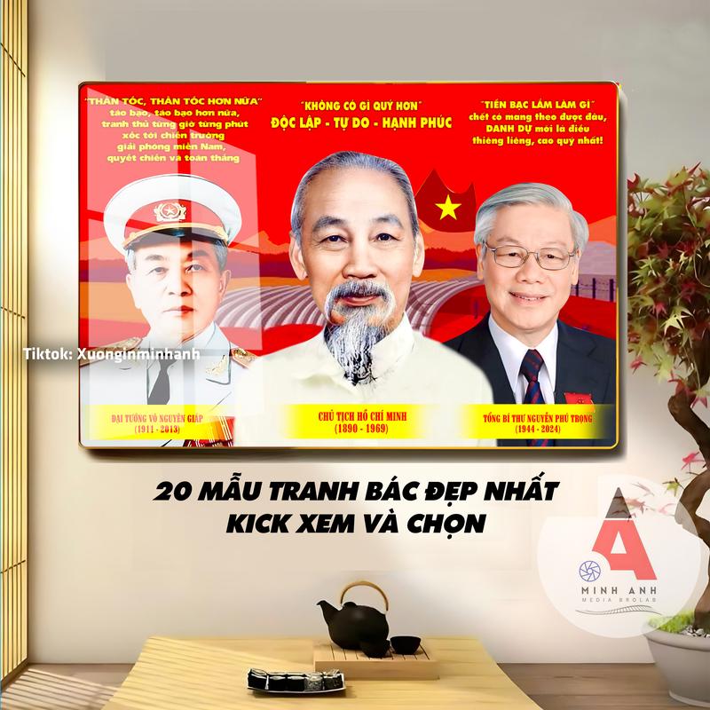 Tranh tráng gương 3 vị Vĩ nhân của Đất nước - Bo viền vàng cao cấp - dày 13mm - treo tường, quà tặng doanh nghiệp