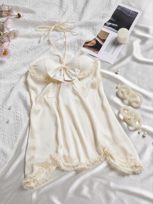 Women's Contrast Lace Big Bow Tie Back Cami Nightdress PJ, Elegant Soft Comfy Halter Nightgown Nighties for All Seasons, Women's Sleepwear for Indoor Wear 1