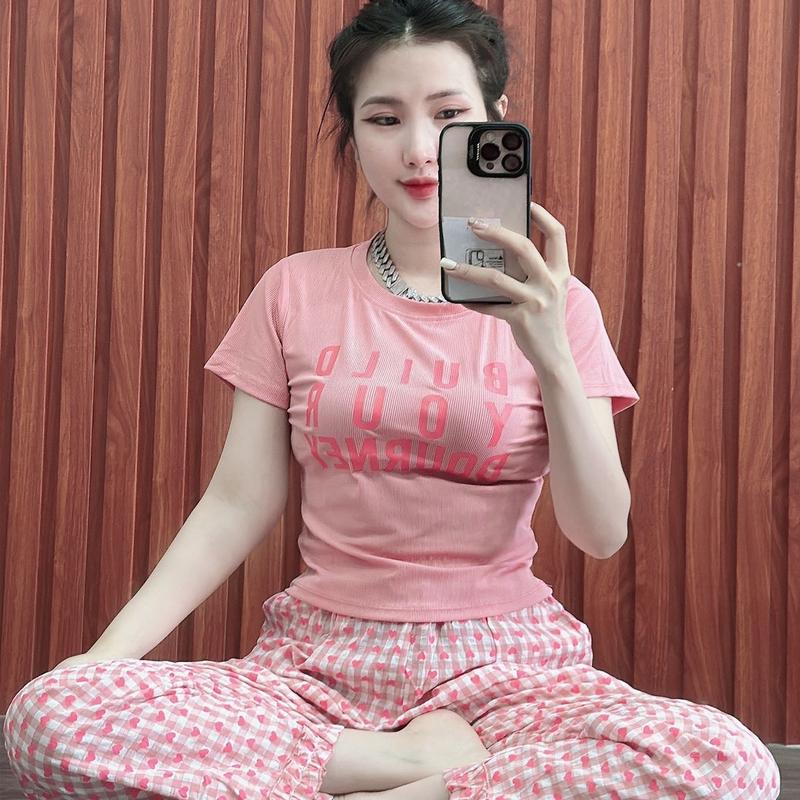 Bộ In Chữ Nhiêu tay ngắn quần đũi dáng baggy dài không giản Nữ