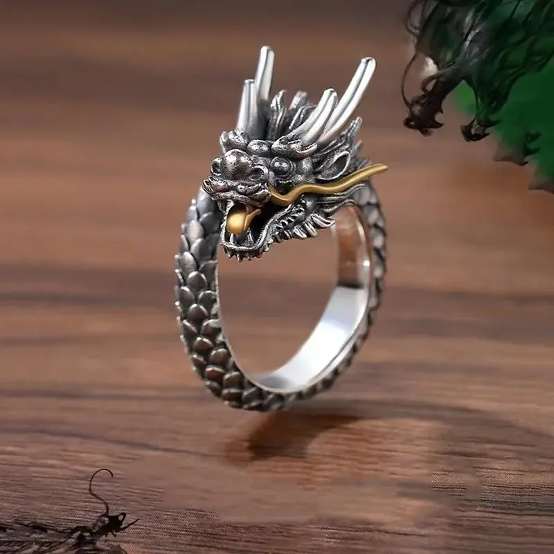 Sterling Silver Vintage Solid Dragon Ring Men's Zodiac Dragon Ring