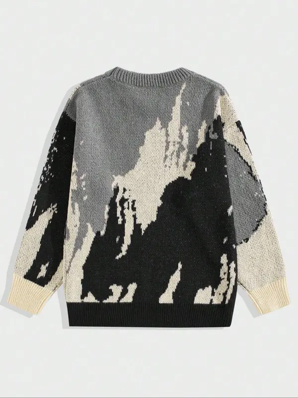 Men's Colorblock Drop Shoulder Sweater, Regular Fit Casual Long Sleeve Round Neck Jumper for Fall & Winter, Fashion Men's Knitwear for Daily Wear 2