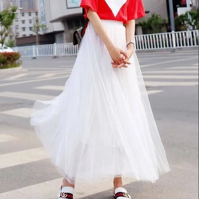 Tulle Skirt Skirt Pleated Skirt Spring and Summer New Student Korean Style Mid-Length Fairy A- line Skirt for Women midi  skirt maxi  skirt  outfit